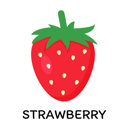 Red strawberry, vector illustration in cartoon flat stye. Food and berry concept. Print for recipes, restaurant, supermarket, market place. Vegetarian fresh food product for sticker, grocery shop.のイラスト素材