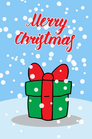 Merry Christmas card in funny cartoon style. Vector illustration with typography, gift box and falling snow. Cute print cor celebration design and decor. Blue, white and red colors.のイラスト素材