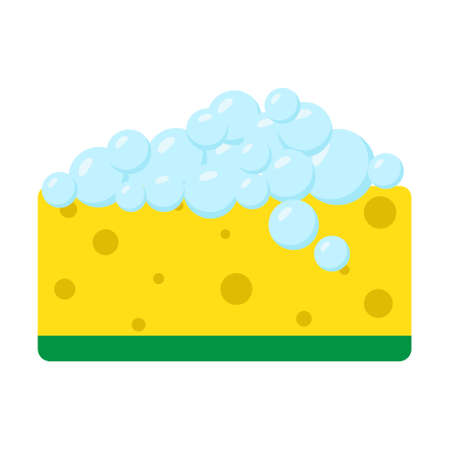 Yellow washing sponge with soap foam icon. Cartoon flat style. Template of cleaning supplies. Tool for kitchen, domestic household, washing or bathing.のイラスト素材