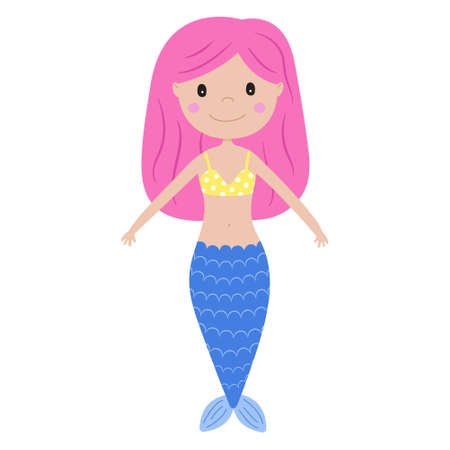 Cute mermaid girl with pink hair and blue fish tail. Vector illustration in funny cartoon style. Print for baby textile, invitation, children books, gift wrap, design and decor. Smiling girl.のイラスト素材