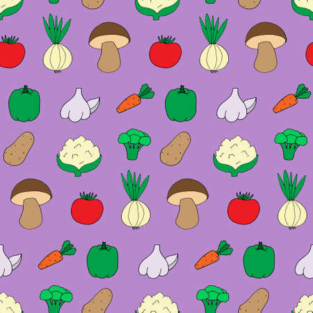 Seamless pattern with doodle style vegetables. Print for wallpaper, wrapping paper, textile background. Hand drawn illustration, good nutrition style. Vegetarian healthy, natural and organic food.のイラスト素材