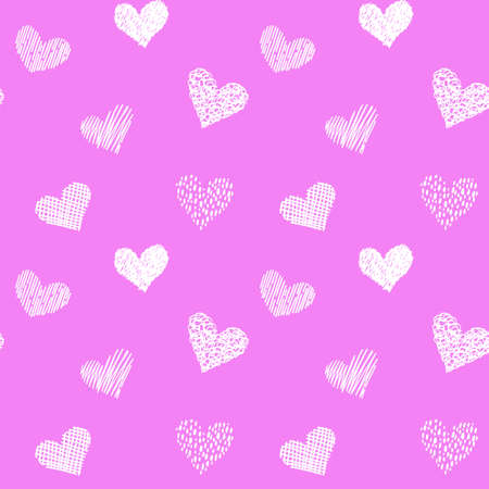 Seamless pattern with hand drawn hearts in doodle style. Pink and white colors. Valentines day love and wedding texture background. Beautiful print for textile, cards, gift wrap, design and decor.のイラスト素材