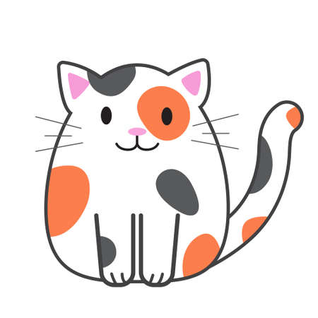 Funny cartoon cat, cute vector illustration in flat style. White, orange and grey colors. Smiling fat kitten. Positive print for sticker, cards, clothes, textile, design and decor.のイラスト素材