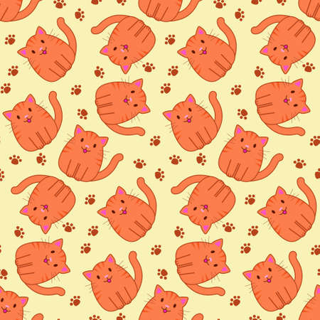 Seamless pattern with funny cartoon cats. Cute illustration in cartoon flat style. Print for textile, wrapping paper, kids clothes, nursery, design and decor.のイラスト素材