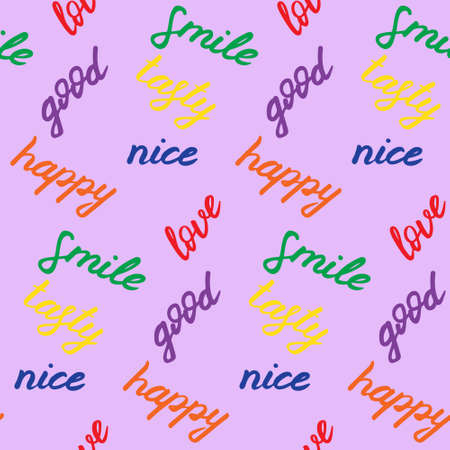 Seamless pattern with hand drawn positive words. Colorful elements on purple board. Nice, happy, good, tasty, smile and love words.のイラスト素材