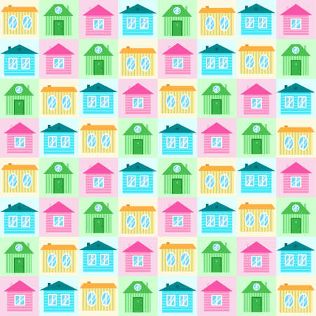 Seamless pattern with colorful cartoon houses. Cute illustration in pastel tones. Print for textile, interior, wrapping paper, design and decorのイラスト素材
