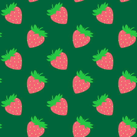 Seamless pattern with red strawberries on green board. Tasty berry, sweet food illustration. Summer theme. Beautiful print for textile, greeting cards, wrapping paper, decor and designの写真素材