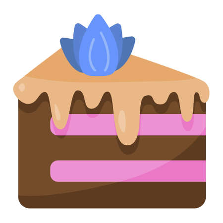 Cake slice with cream and cream flower. Cute illustration in cartoon flat style. Happy Birthday greeting card design element. Vanilla, strawberry and chocolate cakeのイラスト素材