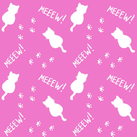 Cute seamless pattern with cats, steps and mew quote. Pink and white colors. Doodle cartoon style. Modern abstract design for packaging, paper, cover, fabric, cards, textile. Vector illustrationのイラスト素材