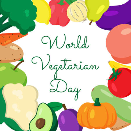 World vegetarian day, greeting card with typography and different fruits and vegetables. Vegetarian poster. Frame with vegan food elements. Vector illustration in cartoon flat styleのイラスト素材