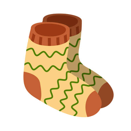 Funny cartoon warm socks for autumn season, cute vector illustration in flat style. Beige, brown and green colors. Fall season symbol, warm clothes.のイラスト素材
