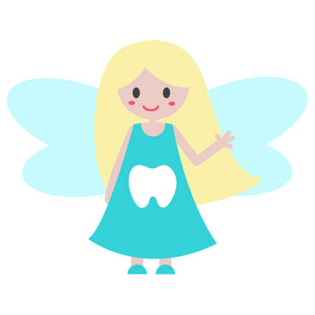 Funny cartoon Tooth Fairy. Cute girl with fair hair and wings. Fairy in blue dress with tooth print. Illustration for kids and children. Print for books, banner, invitation, sticker, design and decorのイラスト素材