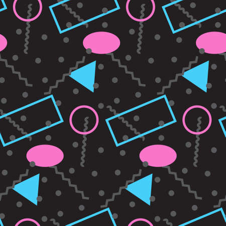 Seamless pattern in minimalistic geometric style. Pink, blue and black colors. Memphis style retro print. Abstract doodle background. Endless design. Print for textile, fashion and decorのイラスト素材