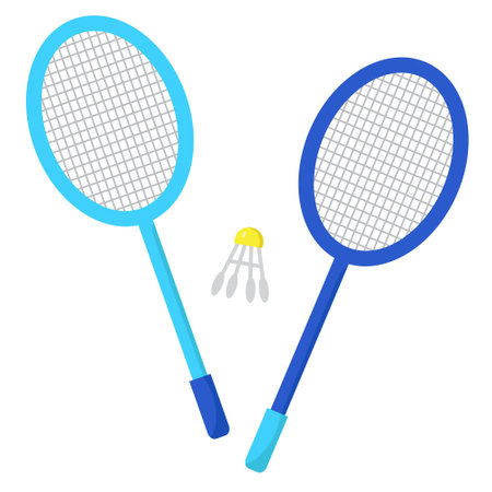 Two badminton rackets and shuttlecock. Set for playing sport game. Volant and badminton racquets in simple flat style. Illustration for books, magazines, sport shops. Active lifestyle conceptのイラスト素材