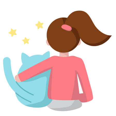 Funny cartoon girl and her cat sitting and watching to stars. Back view. Flat style illustration for sticker pack, emoji. Best friends, home pets concept.のイラスト素材
