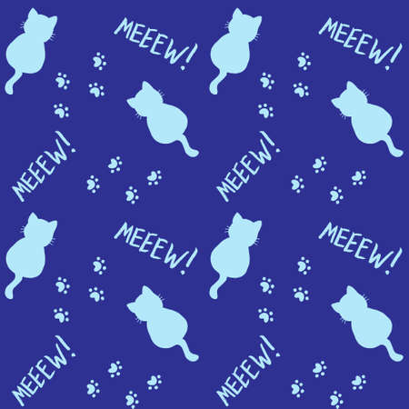 Cute seamless pattern with cats, steps and mew quote. Blue colors. Doodle cartoon style. Modern abstract design for packaging, paper, cover, fabric, cards, textile. Vector illustration.のイラスト素材