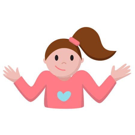 Funny cartoon lady with ponytail shows I dont know emoji. Girl with raising shoulders and hands. Print for stickers, emojis, emoticon, web illustration.のイラスト素材