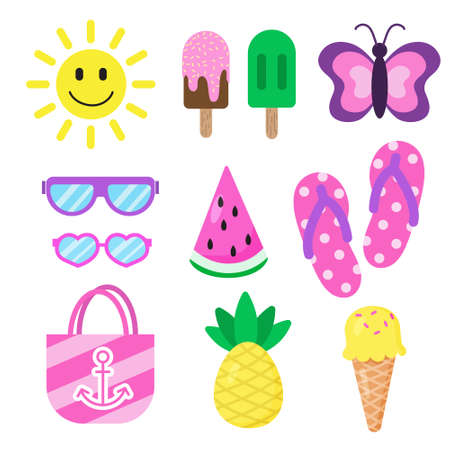 Set of summer and vacation elements. Smiling sun, ice creams, sunglasses, butterfly, watermelon, flip flops, beach bag and pineapple. Illustration for stickers, clothes, seasonal design and decor.のイラスト素材