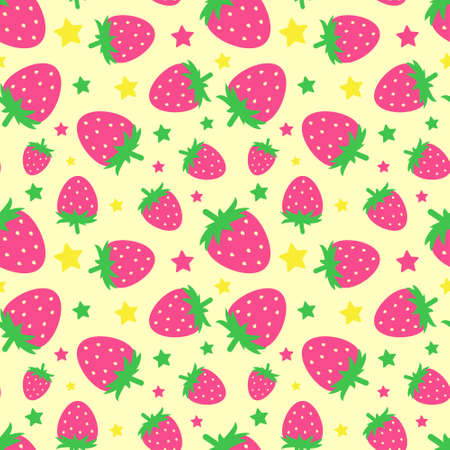 Seamless pattern with funny cartoon strawberries. Positive summer background in pink tones. Print for textile, gift wrap, clothes, interior, design and decor. Trendy summer pattern.のイラスト素材