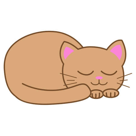 Funny cartoon sleeping cat, cute vector illustration in flat style. Beige cat. Smiling fat kitten. Positive print for sticker, cards, clothes, textile, design and decor.のイラスト素材