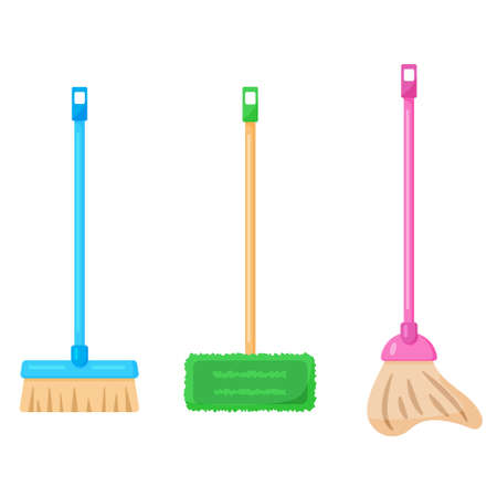 Set of 3 housework mops, home cleaning broom. Hygiene, washing or housework equipment. Vector illustration in cartoon flat style. Cleaning services concept, house supplies.のイラスト素材
