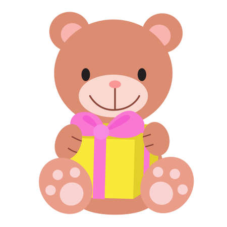 Cute cartoon Teddy bear with gift box. Illustration for cards, clothes, baby shower, textile and books. Children design and decor element. Positive funny print for Birthday and Christmas party.のイラスト素材
