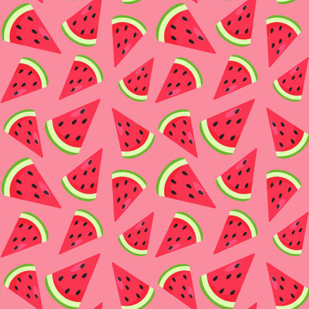 Funny seamless pattern with colorful watermelon pieces. Red, pink and green colors. Positive summer mood. Endless design. Print for textile, clothes, gift wrap, cards, design and decor.のイラスト素材