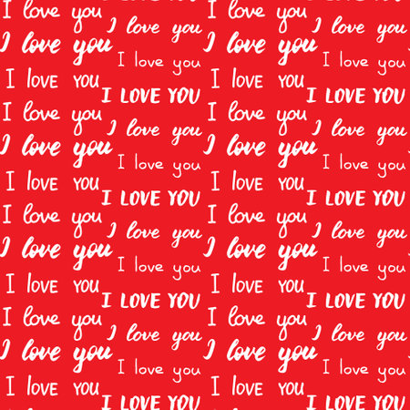 Seamless pattern with different types of I love you inscription. White phrases on red. Hand drawn lettering. Romantic print for wedding or Valentines Day. Print for textile, gift wrap, decor.のイラスト素材