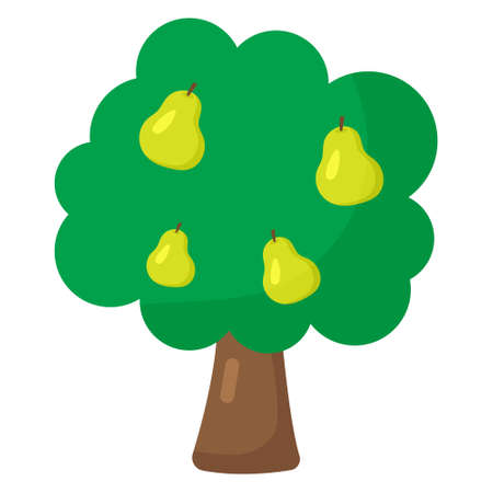 Tree with pears, vector illustration in cartoon flat style. Natural harvest icon, gardening and farming concept. Simple colorful symbol organic orchard. Print for children books, shops, decoration.のイラスト素材