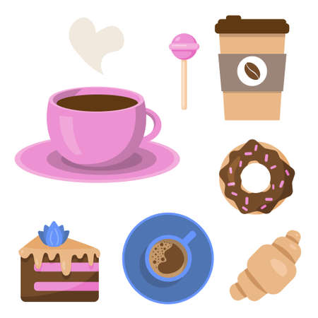 Set of different coffee cups and desserts. Pink cup of coffee, above view and coffee to go. Croissant, piece of cake, donut and lollipop. Vector illustration in cartoon flat style.のイラスト素材