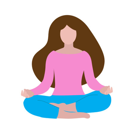 Young woman practicing yoga in lotus asana. Faceless illustration. Lady with long hair. Healthy lifestyle, sport and meditation concept. Breath awareness exercise. Flat style illustration.のイラスト素材
