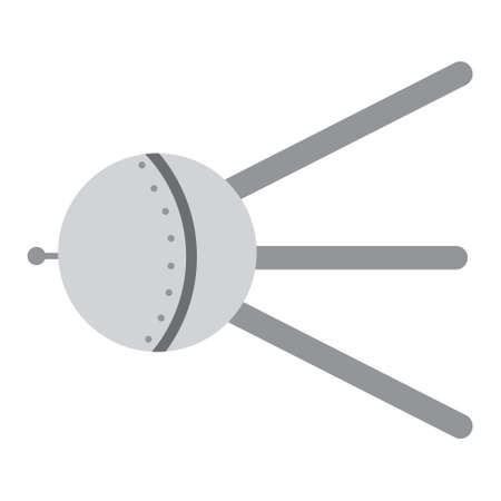 Space artificial satellite, the first satellite. Sputnik. Space exploring and science concept. Universe research. Symbol of space expedition, future, research of solar system. Print in flat style.のイラスト素材