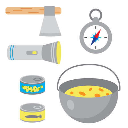 Set of touristic and camping equipment. Compass, axe, flashlight, pot with food, matches box and canned food. Things for active vacations. Luggage icons for travel, journey and hike.のイラスト素材