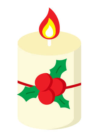 Candle for Merry Christmas and winter holidays. Holly berry decor. Big aroma candle with flame. Cozy home decor for celebration and party. Print for sticker, card, seasonal design and decorのイラスト素材