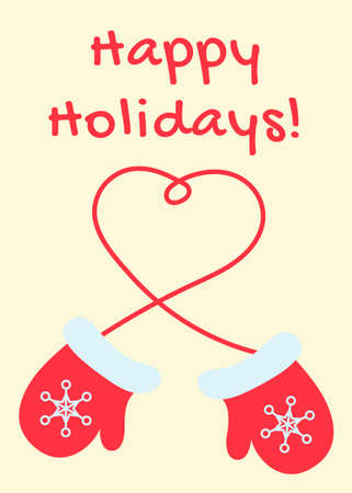 Happy holidays card with mittens and heart shape. Love winter concept. Merry Christmas and happy New Year postcard. Print for invitation, poster, banner, stickers, gifts, seasonal design and decorのイラスト素材