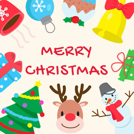 Happy holidays, card with different design elements. Merry Christmas and happy New Year print. Frame of clip arts. Print for seasonal decoration, banners, stickers, poster, flyer, invitation .のイラスト素材