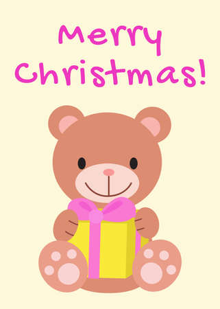 Merry Christmas card. Cute cartoon Teddy bear with gift box. Illustration for cards, clothes, baby shower, textile and books. Children design and decor element. Positive funny print for Birthday.のイラスト素材