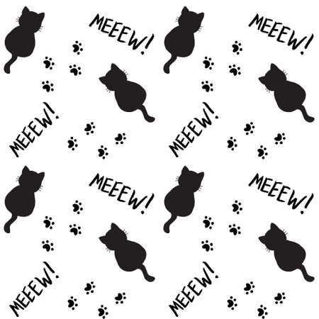 Cute seamless pattern with cats, steps and mew quote. Blue colors. Doodle cartoon style. Modern abstract design for packaging, paper, cover, fabric, cards, textile. Vector illustration.のイラスト素材