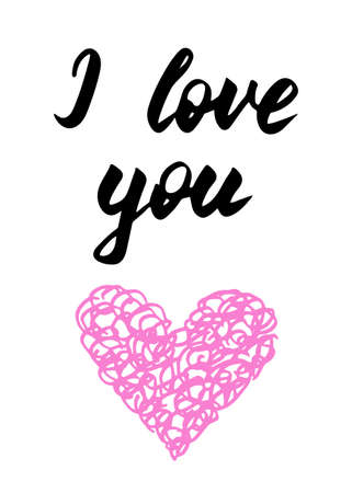 Hand drawn I love you print, calligraphic inscription. Greeting card for Valentines Day. Hand drawn pink heart. Romantic lettering composition. Beautiful print for textile, gift wrap and decor.のイラスト素材