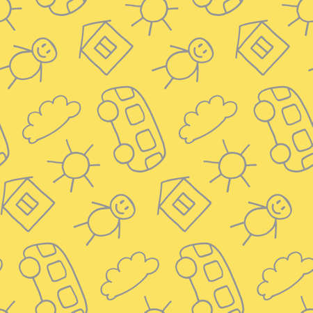 Vector seamless pattern in doodle style. Kids drawing. Scandinavian style print. Cute cartoon illustration. Creative childish background for fabric, textile, wallpaper, clothes, gift wrap.のイラスト素材