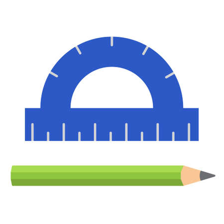 Protractor and pencil, stationery for pupils and students. School and university educational supplies. Vector illustration in flat style. Back to school concept.のイラスト素材