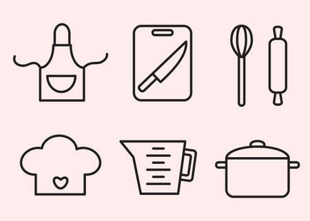 Cooking outline icons. Kitchen apron, cutting board with knife, whisk and rolling pin for dough. Chiefs hat, beaker and cooking pan. Food prepare and restaurant concept. Line set.のイラスト素材