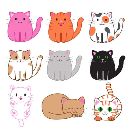 Set of funny cartoon cats, cute vector illustration in flat style. Different colorful cats. Smiling fat kitten. Positive print for sticker, cards, clothes, textile, design and decor.のイラスト素材