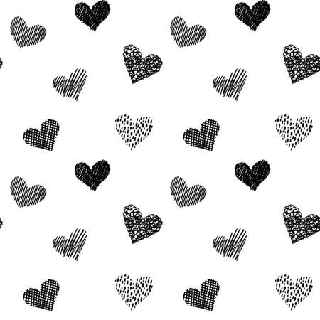 Seamless pattern with hand drawn hearts in doodle style. Black and white colors. Valentines day love and wedding texture background. Beautiful print for textile, cards, gift wrap, design and decor.のイラスト素材