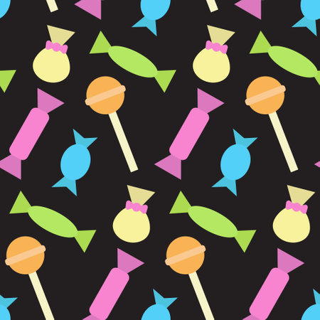 Colorful seamless pattern with different candies and lollipops. Print for textiles, fabric, wallpaper, cards, gift wrap and clothes. Endless design. Doodle style illustration. Sweet and tasty theme.のイラスト素材
