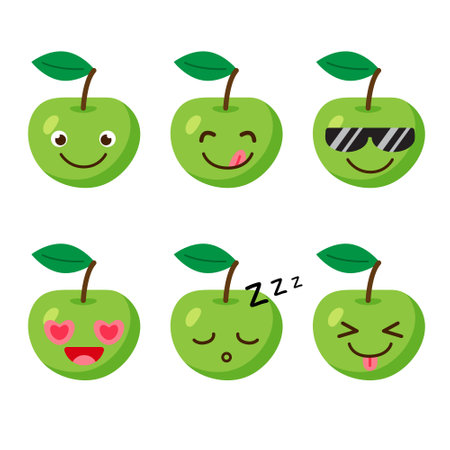 Set of apple emojis. Kawaii style icons, fruit characters. Vector illustration in cartoon flat style. Set of funny smiles or emoticons. Good nutrition and vegan concept. illustration for kids.のイラスト素材