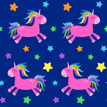 Seamless pattern with funny cartoon unicorn. Cute background. Magical and fairy tale animal. Print for nursery wallpaper, textile, clothes, wrapping paper, design and decor.のイラスト素材
