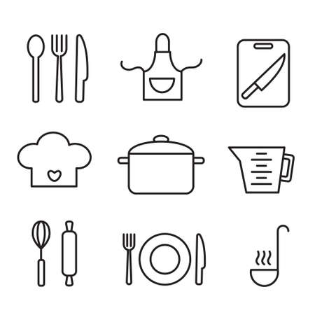 Cooking outline icons. Kitchen apron, cutting board with knife, whisk and rolling pin for dough. Chiefs hat, beaker and cooking pan. Food prepare and restaurant concept. Line set.のイラスト素材
