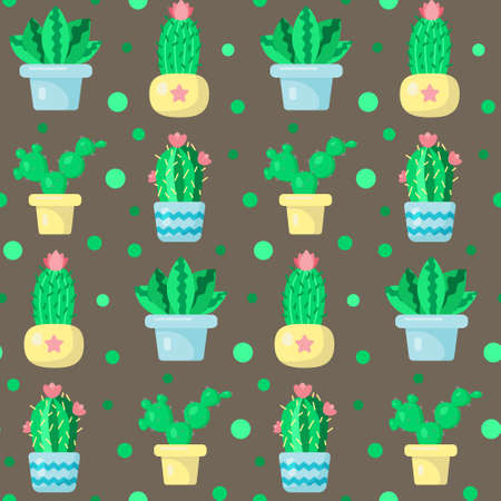 Seamless pattern with green cactuses in pots. Funny cartoon print. Home and plants domestic, cozy and cute background. Print for textile, gift wrap, clothes, design and decorのイラスト素材