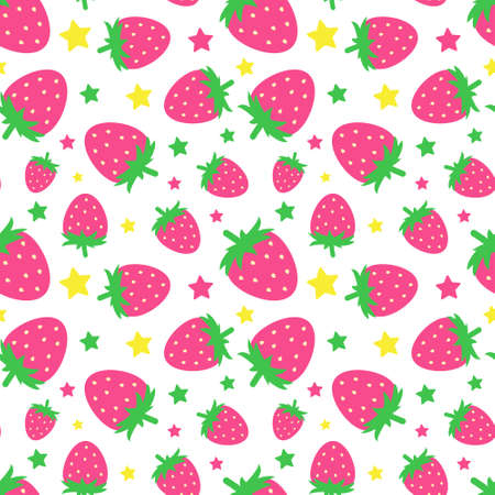 Seamless pattern with funny cartoon strawberries. Positive summer background in pink tones. Print for textile, gift wrap, clothes, interior, design and decor. trendy summer patternのイラスト素材